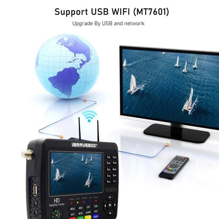 iBRAVEBOX Satellite Signal Finder with 4.3 Inch Display showing device, 4.3-inch screen, TV, remote and USB WiFi connection
