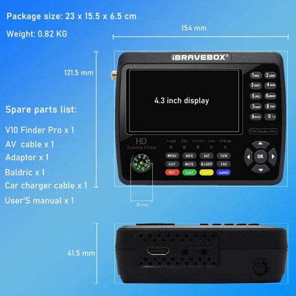 iBRAVEBOX Satellite Signal Finder with 4.3 Inch Display showing front and side views, 4.3-inch screen and ports