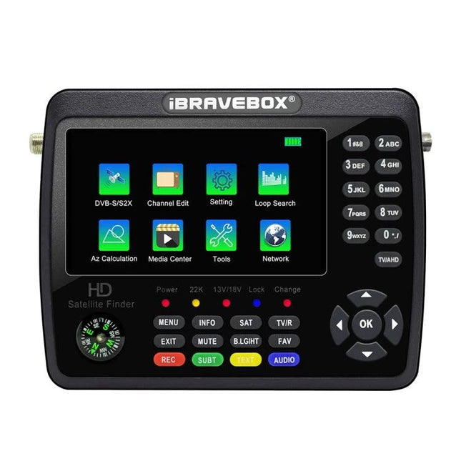iBravebox Digital Satellite Signal Finder with 4.3-Inch Display handheld meter showing 4.3-inch LCD color screen and controls