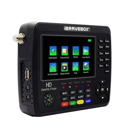 iBravebox Digital Satellite Signal Finder with 4.3-Inch Display handheld unit showing 4.3-inch color screen and control buttons for satellite alignment