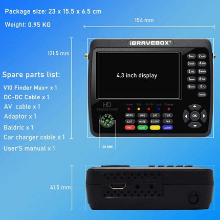 iBravebox Digital Satellite Signal Finder with 4.3-Inch Display showing front view, 4.3-inch LCD and connector ports
