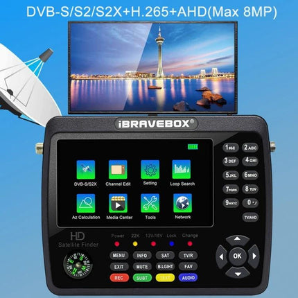 iBravebox Digital Satellite Signal Finder with 4.3-Inch Display handheld meter showing 4.3-inch color screen and controls for satellite alignment