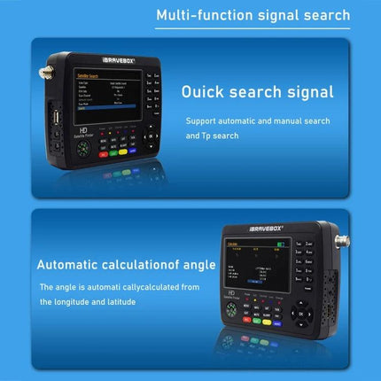 iBravebox Digital Satellite Signal Finder with 4.3-Inch Display showing 4.3-inch LCD, signal strength screen and controls for dish alignment