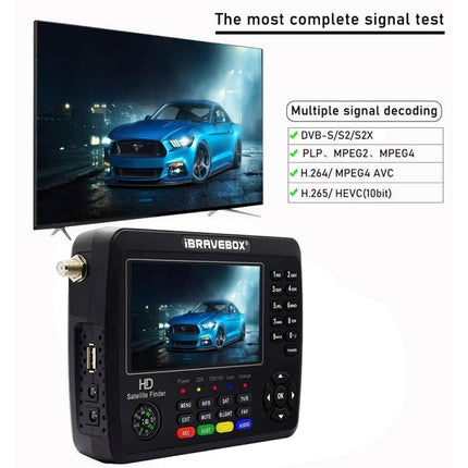 iBravebox Digital Satellite Signal Finder with 4.3-Inch Display showing 4.3-inch color screen and signal decoding features