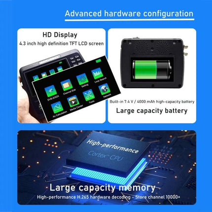 iBravebox Digital Satellite Signal Finder with 4.3-Inch Display handheld unit showing 4.3-inch LCD, battery and hardware features