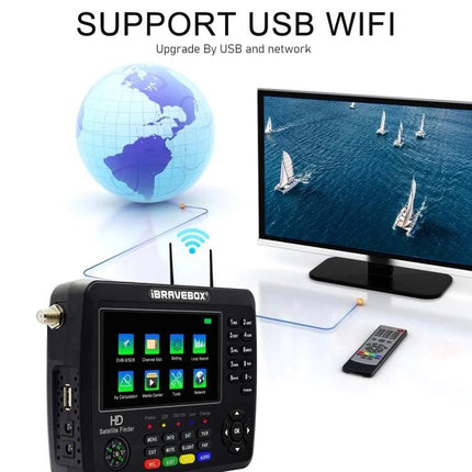 iBravebox Digital Satellite Signal Finder with 4.3-Inch Display showing 4.3-inch color screen, USB, WiFi support and TV connection