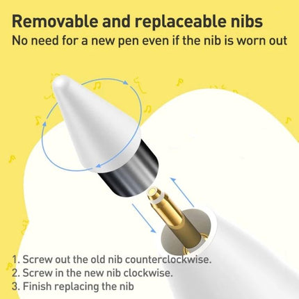 Lenovo ThinkPlus Magnetic Stylus Pen for Touch Screen Writing showing removable replaceable nib and magnetic attachment with step instructions