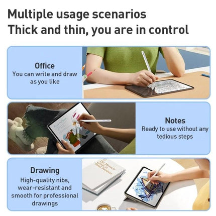 Lenovo ThinkPlus Magnetic Stylus Pen for Touch Screen Writing shown in office, notes, and drawing scenarios on tablets with magnetic attachment