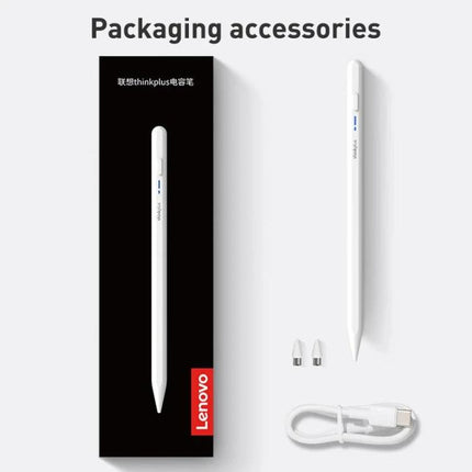 Lenovo ThinkPlus Magnetic Stylus Pen for Touch Screen Writing displayed with packaging, spare tips and charging cable
