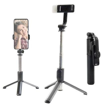 Selfie Stick for Capturing Daily Outings and Events with Bluetooth shown extended on tripod with phone and folded remote