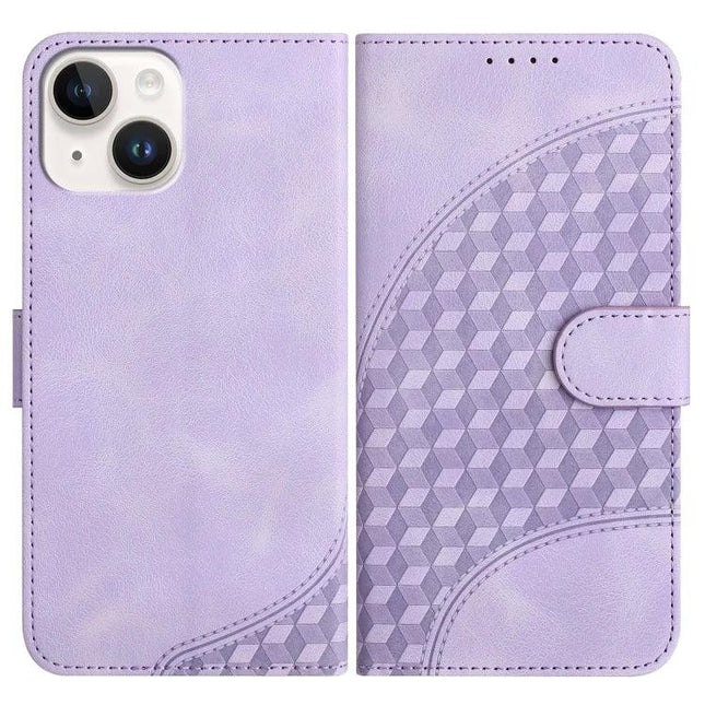 YX0060 Elephant Head Embossed Leather Case Lanyard For iPhone 15 14 Plus 14 - lavender PU leather wallet case with embossed geometric elephant head pattern and lanyard