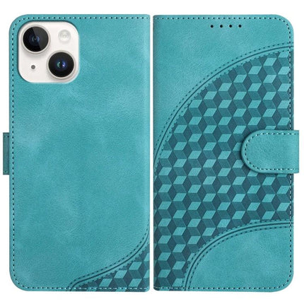 YX0060 Elephant Head Embossed Leather Case Lanyard For iPhone 15 14 Plus 14 - teal PU leather wallet case with embossed geometric elephant head pattern and lanyard