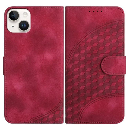 YX0060 Elephant Head Embossed Leather Case Lanyard For iPhone 15 14 Plus 14 - red PU leather wallet case with lanyard, card slots and embossed pattern