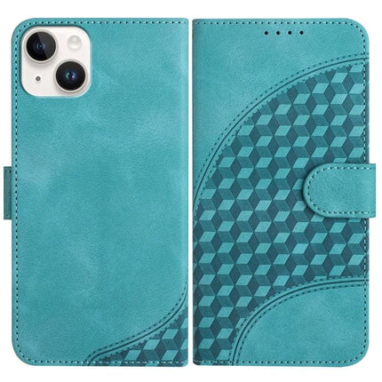YX0060 Elephant Head Embossed Leather Case Lanyard For iPhone 15 14 Plus 14 teal wallet case with geometric embossed pattern and lanyard-ready design