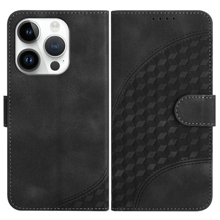 Elephant Head Embossed Leather Case With Lanyard For iPhone 14 Pro And Pro Max – black PU leather wallet case with card slot, stand, and TPU core