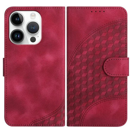 Elephant Head Embossed Leather Case With Lanyard For iPhone 14 Pro And Pro Max - red wallet folio with card slot, stand, and embossed geometric elephant design