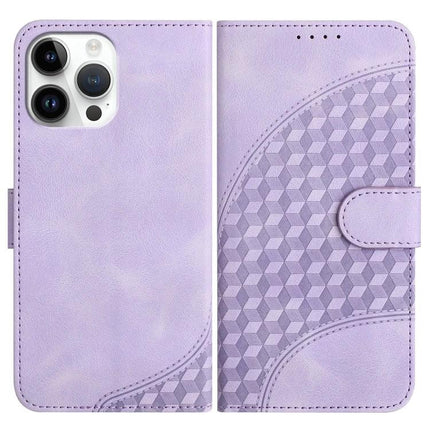 Elephant Head Embossed Leather Case With Lanyard iPhone 13 Pro Max and 13 Pro - lavender wallet-style PU leather with geometric embossing and lanyard