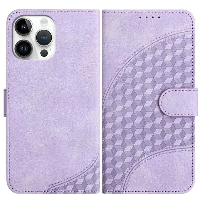 Elephant Head Embossed Leather Case With Lanyard iPhone 13 Pro Max and 13 Pro - lavender wallet-style PU leather with geometric embossing and lanyard