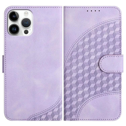 Elephant Embossed Leather Phone Case With Lanyard For iPhone 13 Mini 12 Series in lavender PU leather wallet case with embossed geometric elephant motif and card slot
