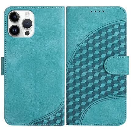 Elephant Embossed Leather Phone Case With Lanyard For iPhone 13 Mini 12 Series in teal wallet style with embossed geometric elephant head texture