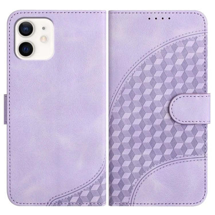 YX0060 Elephant Head Embossed Leather Phone Case With Lanyard For iPhone 12 Mini - purple PU leather folio case with embossed geometric elephant head pattern, card slot and stand