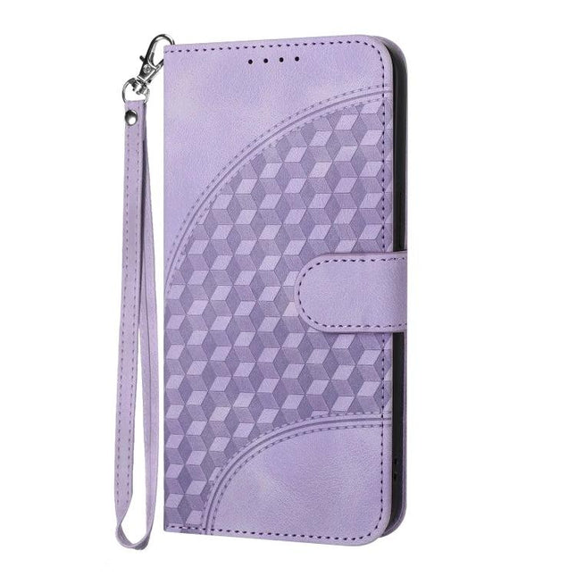 YX0060 Elephant Head Embossed Leather Phone Case With Lanyard For iPhone 12 Mini purple wallet case with card slot, stand and wrist lanyard