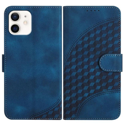 YX0060 Elephant Head Embossed Leather Phone Case With Lanyard For iPhone 12 Mini - blue PU leather wallet case with card slot, lanyard, and stand