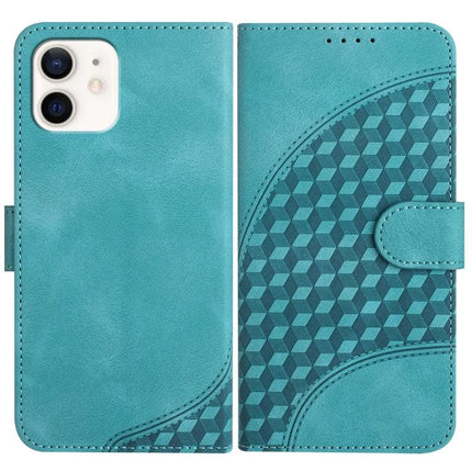 YX0060 Elephant Head Embossed Leather Phone Case With Lanyard For iPhone 12 Mini - teal PU leather wallet case with card slot, lanyard and stand