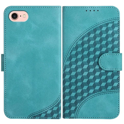Elephant Head Embossed Leather Case With Lanyard For iPhone 14 Pro And Pro Max teal wallet folio with geometric embossing, card slot, stand