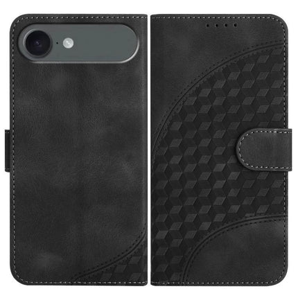 Elephant Head Embossed Wallet Case With Lanyard For iPhone 16 Pro Max 16e Air - black PU leather wallet case with geometric elephant head embossing and lanyard-ready
