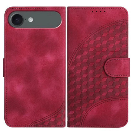 Elephant Head Embossed Wallet Case With Lanyard For iPhone 16 Pro Max 16e Air - red PU leather wallet case with embossed geometric elephant head pattern and lanyard slot