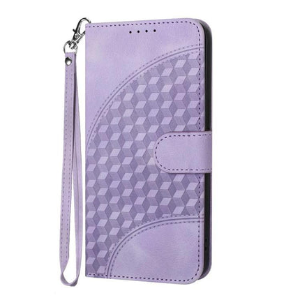 Elephant Head Embossed Wallet Case With Lanyard For iPhone 16 Pro Max 16e Air - lavender PU leather wallet case with geometric embossed elephant head pattern and wrist strap