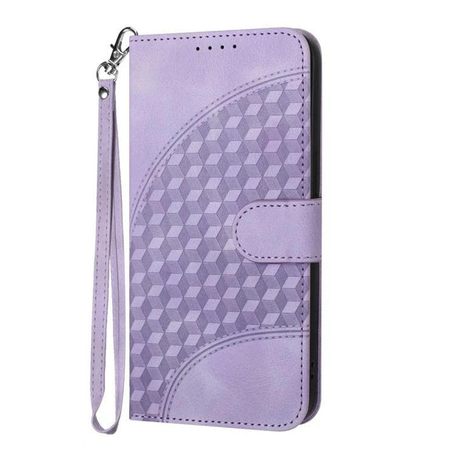 Elephant Head Embossed Wallet Case With Lanyard For iPhone 16 Pro Max 16e Air - lavender PU leather wallet case with geometric embossed elephant head pattern and wrist strap
