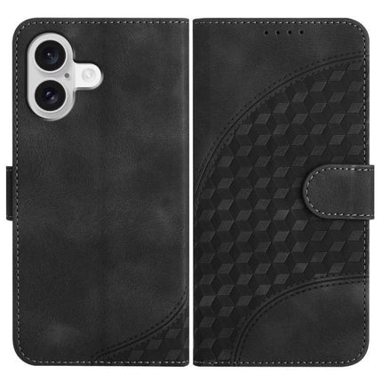 Elephant Head Embossed Wallet Case With Lanyard For iPhone 16 Pro Max 16e Air - black PU leather wallet case with embossed elephant head pattern and lanyard-ready design