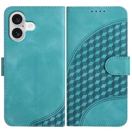 Elephant Head Embossed Wallet Case With Lanyard For iPhone 16 Pro Max 16e Air - teal PU leather wallet case with geometric embossed pattern and lanyard-ready design