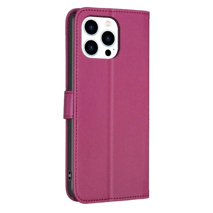 Four Leaf Embossed Leather Wallet Case For IPhone 15 Pro Max in magenta PU leather with TPU core, card slots and accessible ports