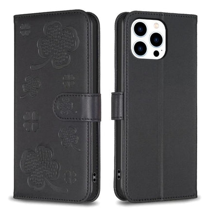 Four Leaf Embossed Leather Wallet Case For IPhone 15 Pro Max shown in black with card slots, TPU core and PU leather cover, camera cutout and magnetic closure