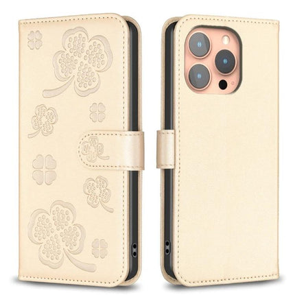 Four Leaf Embossed Leather Wallet Case For IPhone 15 Pro Max in beige PU leather with clover embossing and card-holding folio design
