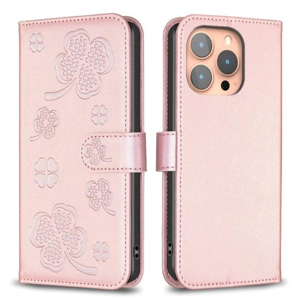 Four Leaf Embossed Leather Wallet Case For IPhone 15 Pro Max in pink TPU core PU leather with embossed clover design and card wallet function