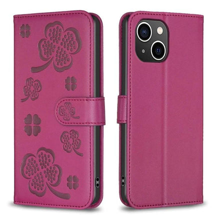 Four Leaf Embossed Leather Wallet Case For IPhone 15 Pro Max in pink with clover embossing, TPU core, PU leather wallet phone case