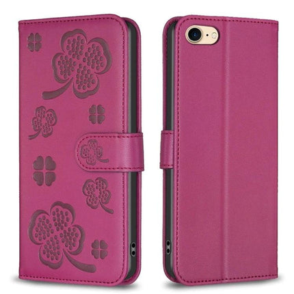 Four Leaf Embossed Wallet Case For iPhone 7 8 SE 2022 And iPhone 13 Pro Max - pink PU leather wallet case with card slots, kickstand and TPU protection