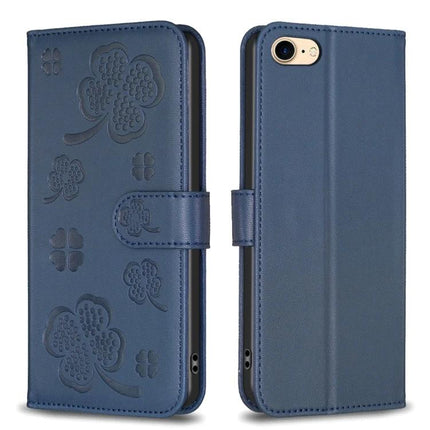 Four Leaf Embossed Wallet Case For iPhone 7 8 SE 2022 And iPhone 13 Pro Max - blue PU leather wallet case with card slots, kickstand and TPU protection