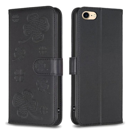 Four Leaf Embossed Wallet Case For iPhone 7 8 SE 2022 And iPhone 13 Pro Max - black PU leather wallet case with card slots, kickstand and TPU inner shell