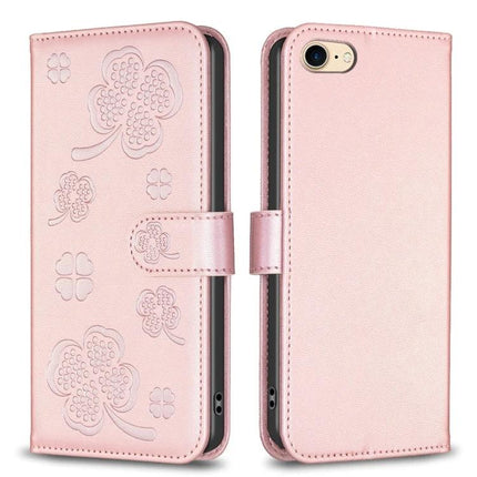 Four Leaf Embossed Wallet Case For iPhone 7 8 SE 2022 And iPhone 13 Pro Max in pink PU leather with card slots, cash pocket and kickstand