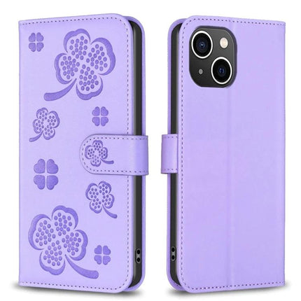 Four Leaf Embossed Wallet Case For iPhone 7 8 SE 2022 And iPhone 13 Pro Max - lilac PU leather wallet case with card slots, kickstand and TPU protection