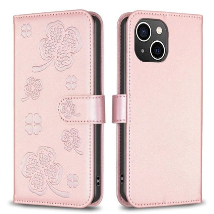 Four Leaf Embossed Wallet Case For iPhone 7 8 SE 2022 And iPhone 13 Pro Max - pink PU leather wallet case with embossed clover, card slots and kickstand