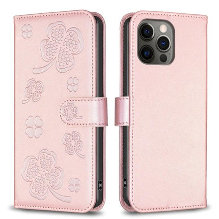 Embossed Leather Phone Case For Daily Carry With Card Slot in pink embossed clover PU leather wallet case
