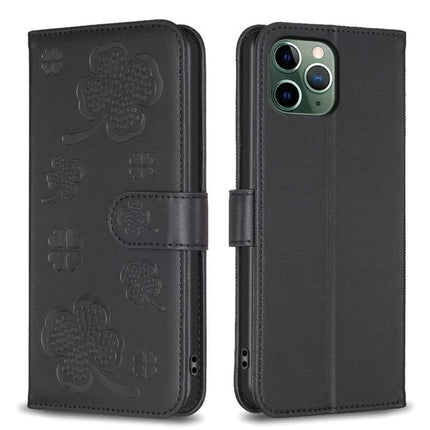 Embossed Leather Phone Case For Daily Carry With Card Slot showing black embossed clover PU leather wallet cover with TPU shell and card slot
