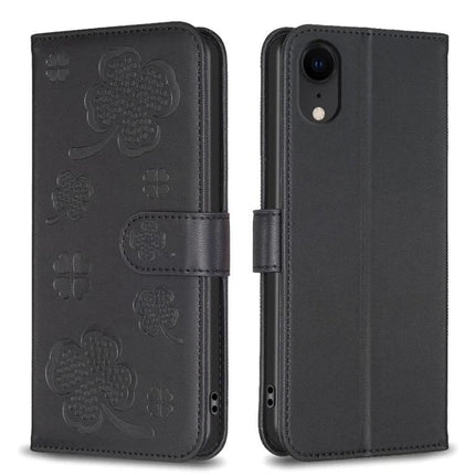 Leather Phone Case With Card Holder For Everyday Errands And Commutes Slim Design - black TPU wallet case with card slot, kickstand and clover embossing