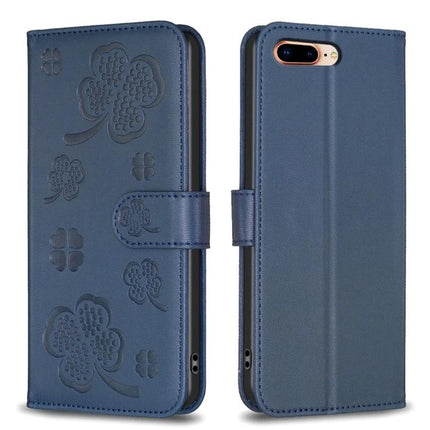 Daily Leather Phone Case for iPhone With Card Slots in blue leather-look wallet style with embossed floral design, card slots and kickstand